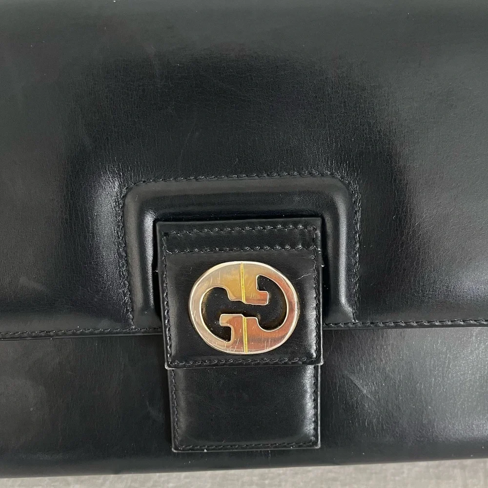 Rare Vintage Gucci Shoulder Clutch Bag Black Leather 1970s